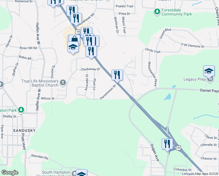 map of restaurants, bars, coffee shops, grocery stores, and more near 112 Persimmon Street in Birmingham
