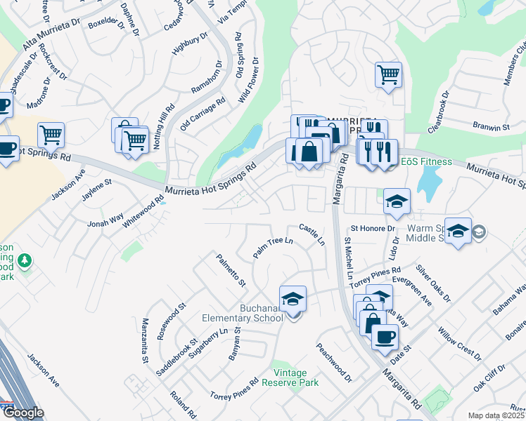 map of restaurants, bars, coffee shops, grocery stores, and more near 39733 School House Way in Murrieta