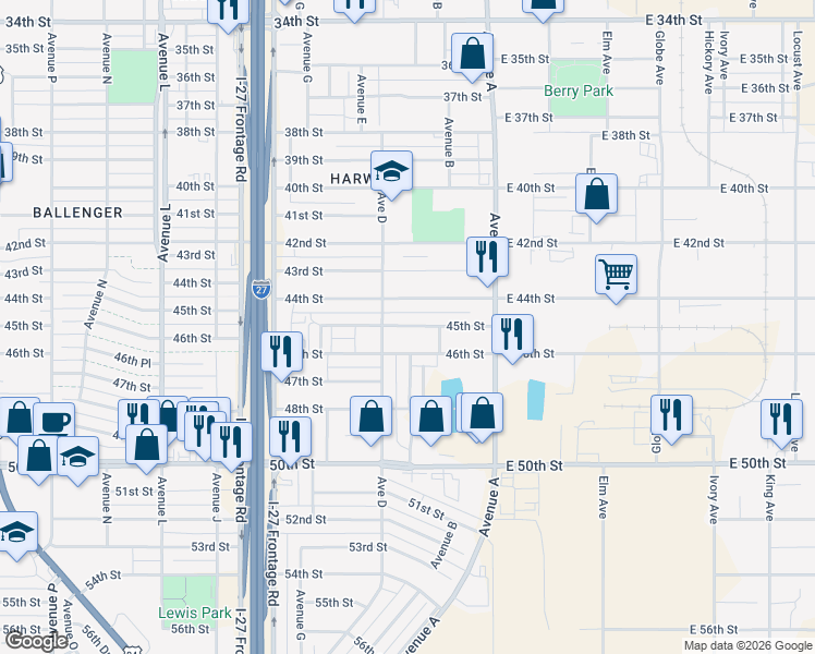 map of restaurants, bars, coffee shops, grocery stores, and more near 410 45th Street in Lubbock