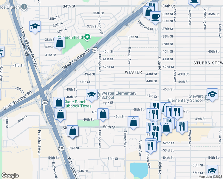 map of restaurants, bars, coffee shops, grocery stores, and more near 5426 45th Street in Lubbock