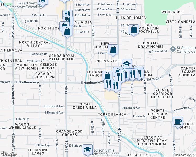 map of restaurants, bars, coffee shops, grocery stores, and more near 1009 East Manzanita Drive in Phoenix