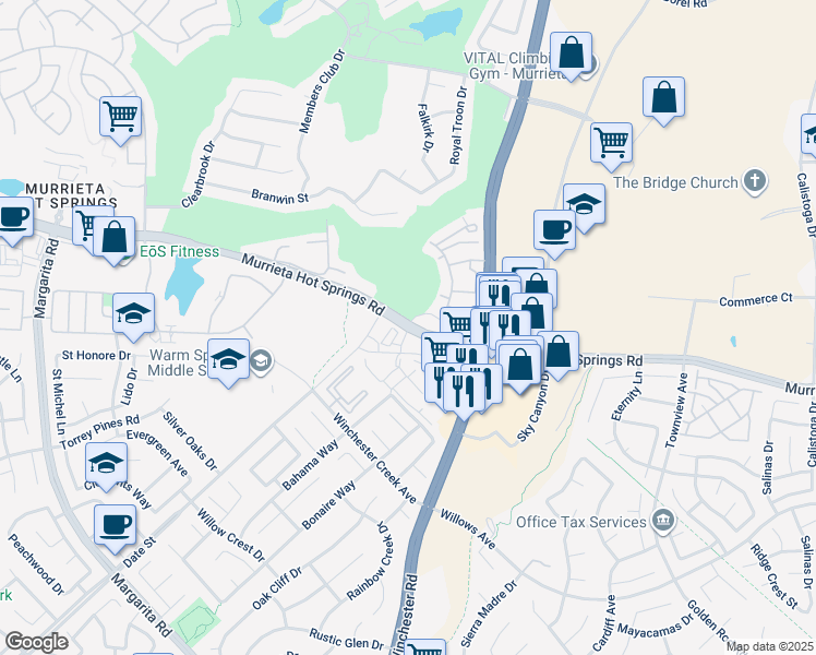 map of restaurants, bars, coffee shops, grocery stores, and more near 38245 Murrieta Hot Springs Road in Murrieta