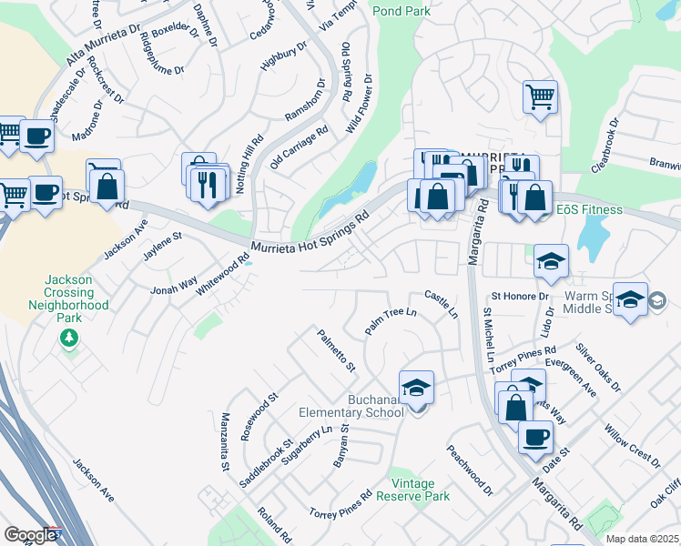 map of restaurants, bars, coffee shops, grocery stores, and more near 39862 Millbrook Way in Murrieta