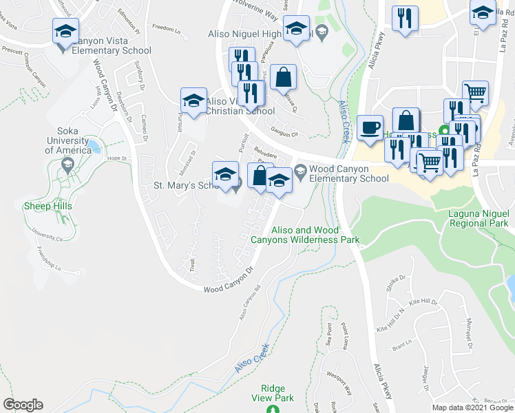 map of restaurants, bars, coffee shops, grocery stores, and more near 152 Las Flores in Aliso Viejo