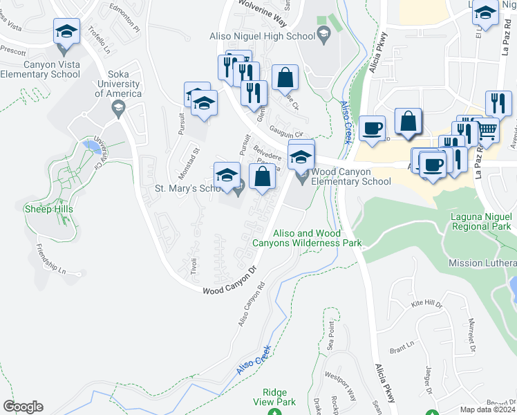 map of restaurants, bars, coffee shops, grocery stores, and more near 201 Las Flores in Aliso Viejo
