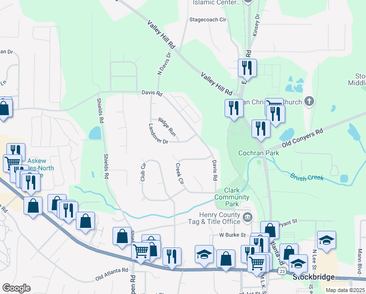 map of restaurants, bars, coffee shops, grocery stores, and more near 105 Landover Drive in Stockbridge