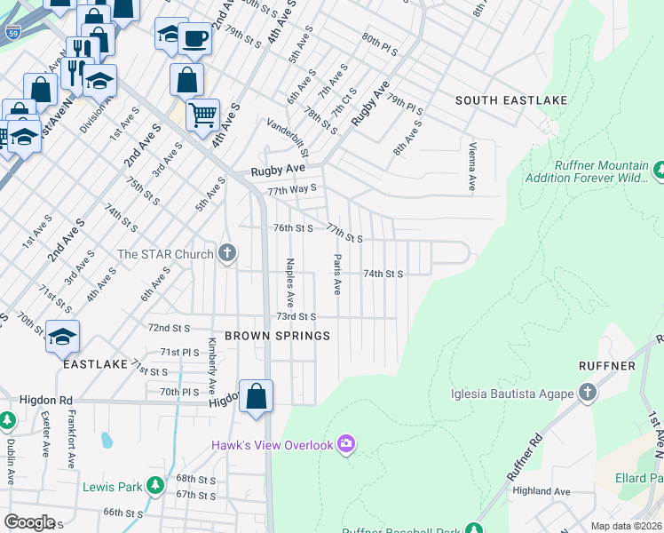 map of restaurants, bars, coffee shops, grocery stores, and more near 7405 Oporto Avenue in Birmingham
