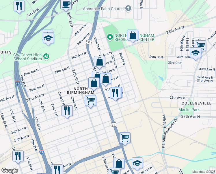 map of restaurants, bars, coffee shops, grocery stores, and more near 3110 27th Street North in Birmingham