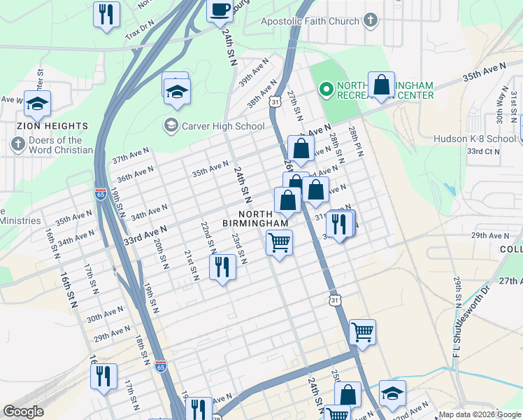 map of restaurants, bars, coffee shops, grocery stores, and more near in Birmingham