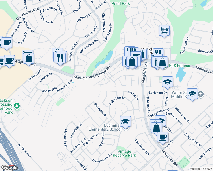 map of restaurants, bars, coffee shops, grocery stores, and more near 39855 Millbrook Way in Murrieta