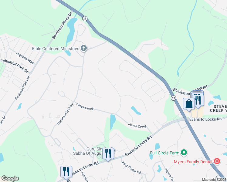 map of restaurants, bars, coffee shops, grocery stores, and more near 716 Michael's Creek in Evans