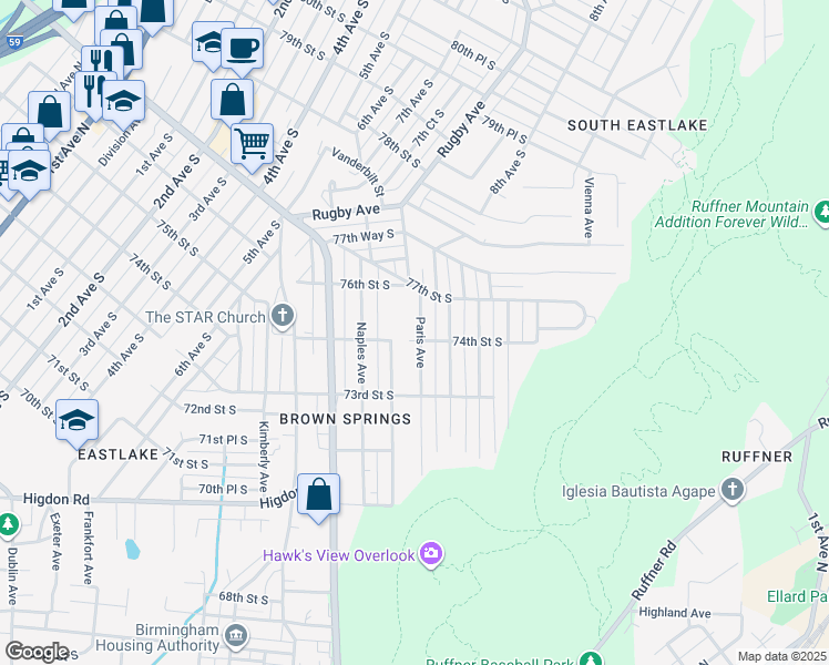 map of restaurants, bars, coffee shops, grocery stores, and more near 7405 Oporto Avenue in Birmingham