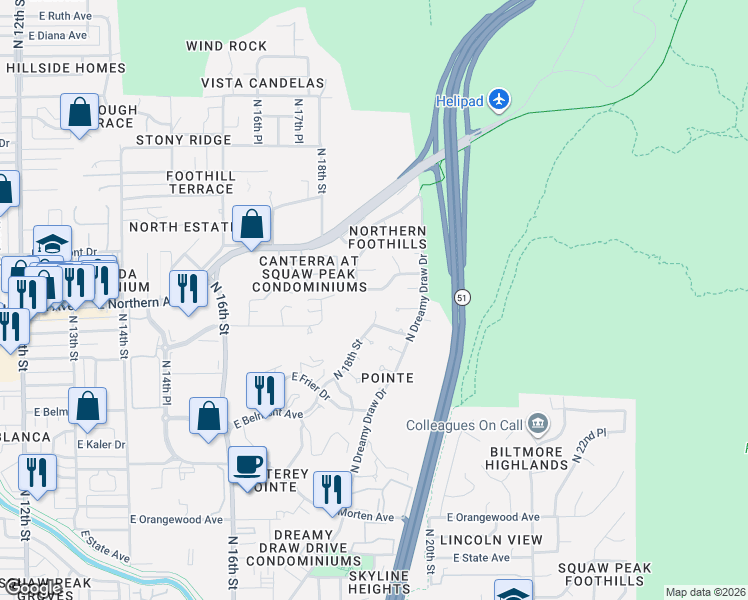 map of restaurants, bars, coffee shops, grocery stores, and more near 1823 East Manzanita Drive in Phoenix