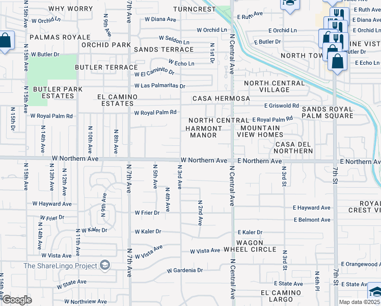map of restaurants, bars, coffee shops, grocery stores, and more near 130 West Northern Avenue in Phoenix