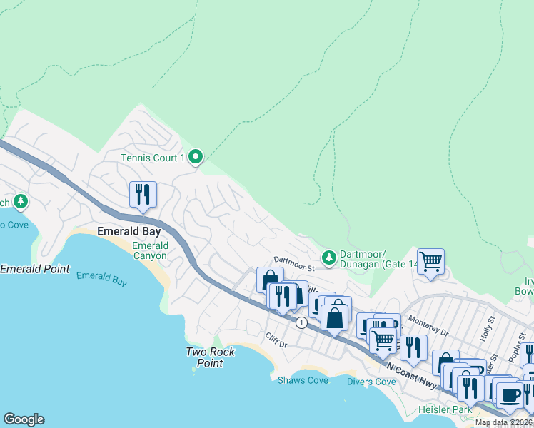 map of restaurants, bars, coffee shops, grocery stores, and more near 465 Panorama Drive in Laguna Beach
