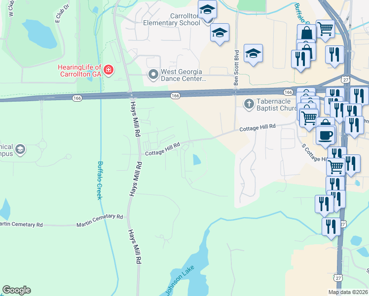 map of restaurants, bars, coffee shops, grocery stores, and more near 122 Nizzear Lane in Carrollton