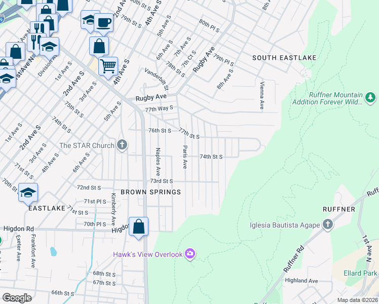 map of restaurants, bars, coffee shops, grocery stores, and more near 7405 Paris Avenue in Birmingham