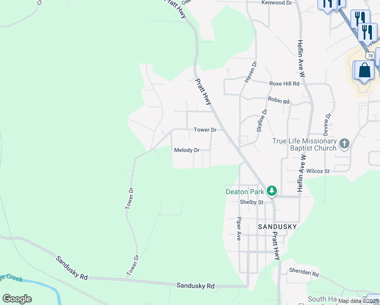 map of restaurants, bars, coffee shops, grocery stores, and more near 641 Blanton Lane in Birmingham