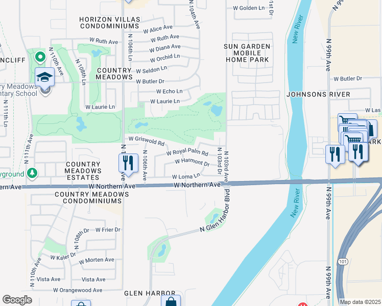 map of restaurants, bars, coffee shops, grocery stores, and more near 10407 West Royal Palm Road in Peoria