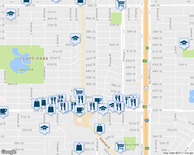 map of restaurants, bars, coffee shops, grocery stores, and more near 4499 Avenue P in Lubbock