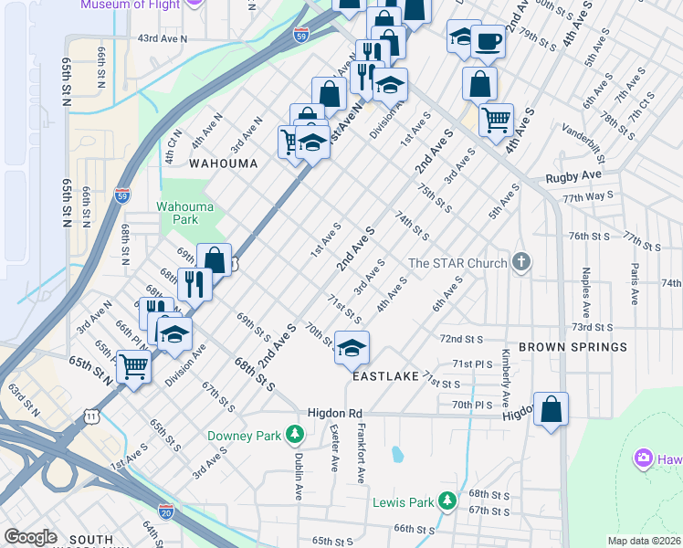 map of restaurants, bars, coffee shops, grocery stores, and more near 7122 2nd Avenue South in Birmingham