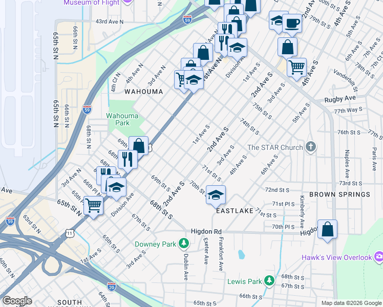 map of restaurants, bars, coffee shops, grocery stores, and more near 7101 1st Avenue South in Birmingham