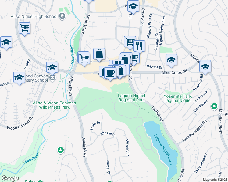 map of restaurants, bars, coffee shops, grocery stores, and more near 28051 La Paz Road in Laguna Niguel