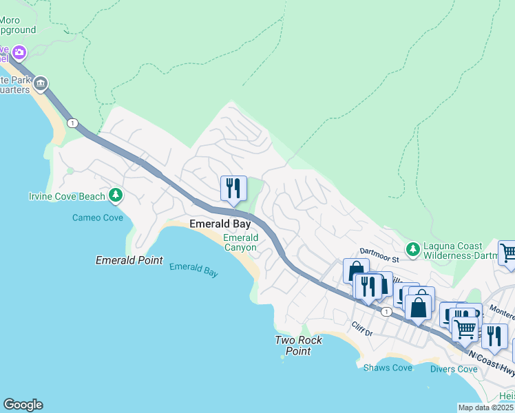 map of restaurants, bars, coffee shops, grocery stores, and more near 245 Emerald Bay in Laguna Beach