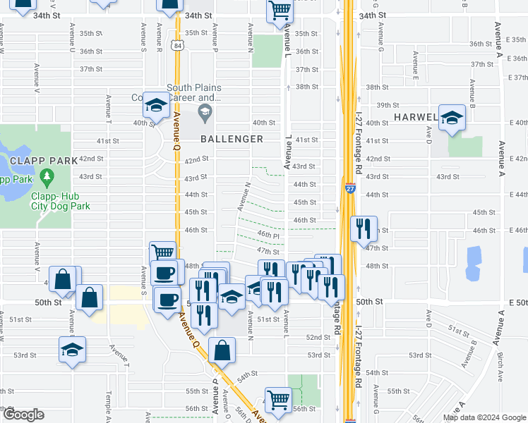 map of restaurants, bars, coffee shops, grocery stores, and more near 1314 46th Street in Lubbock