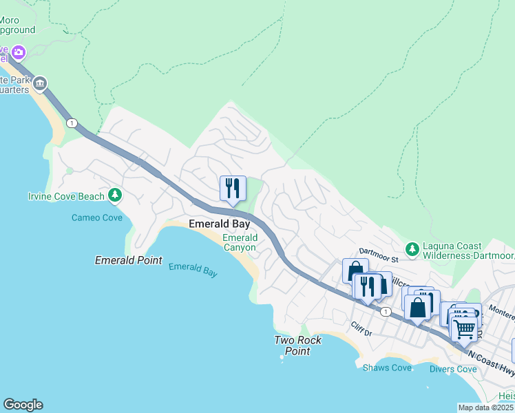 map of restaurants, bars, coffee shops, grocery stores, and more near 245 Emerald Bay in Laguna Beach