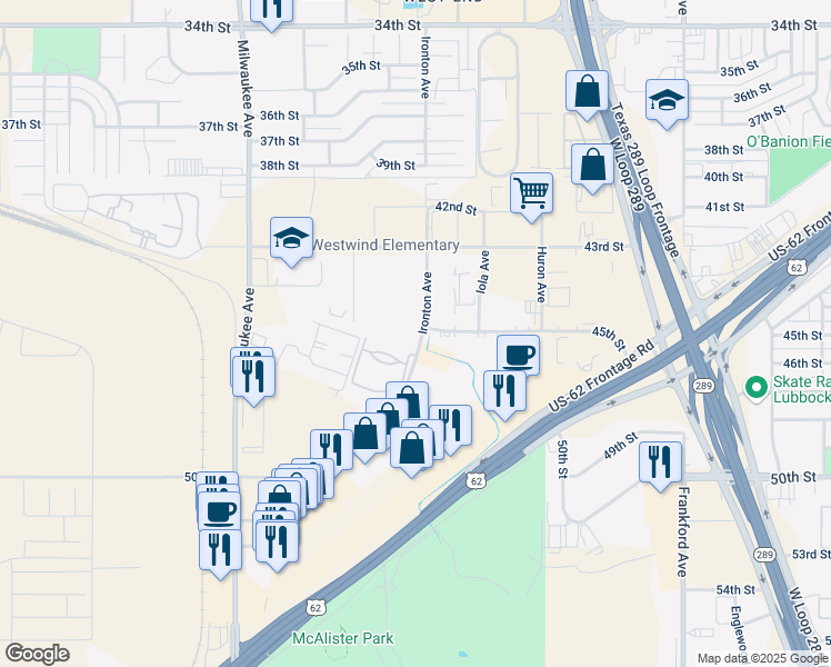 map of restaurants, bars, coffee shops, grocery stores, and more near 4502 Ironton Avenue in Lubbock