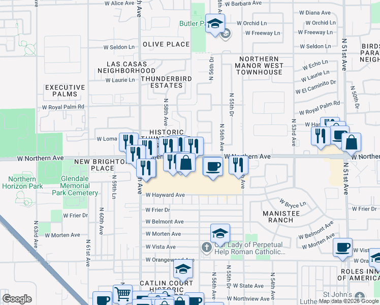 map of restaurants, bars, coffee shops, grocery stores, and more near 5702 W Northern Ave in Glendale