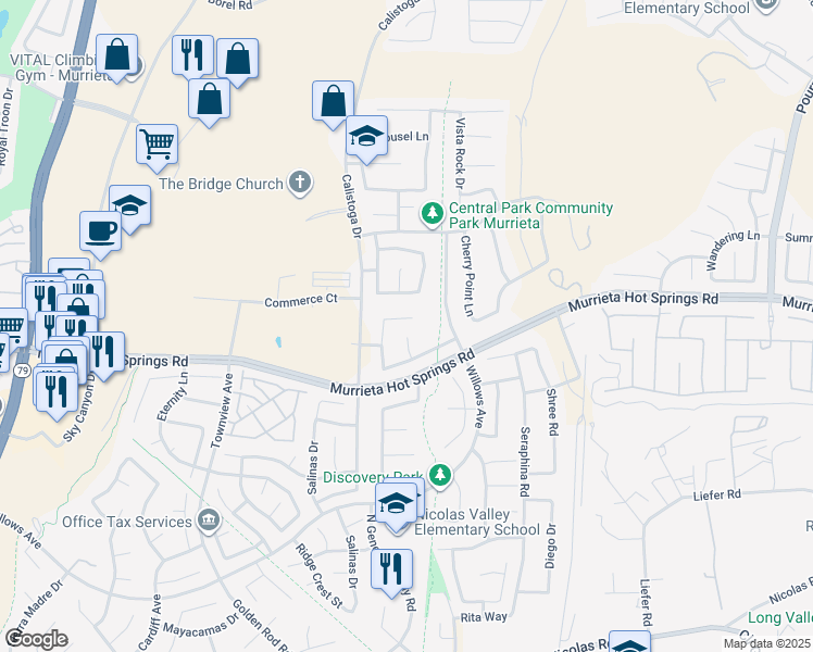 map of restaurants, bars, coffee shops, grocery stores, and more near 30567 Mill Valley Court in Murrieta