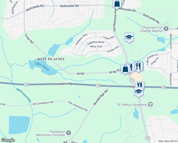 map of restaurants, bars, coffee shops, grocery stores, and more near 2585 New West Road in Riverdale