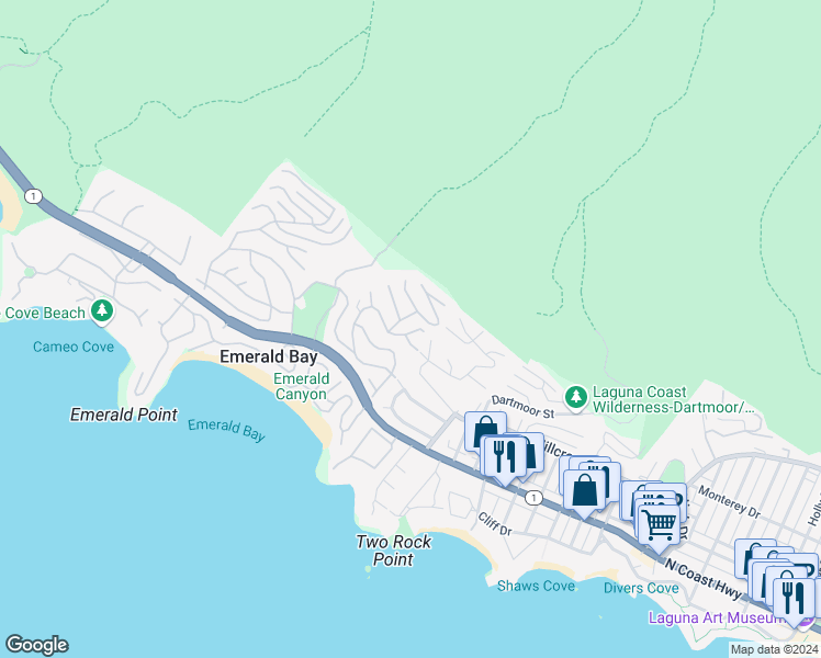 map of restaurants, bars, coffee shops, grocery stores, and more near 437 Emerald Bay in Laguna Beach