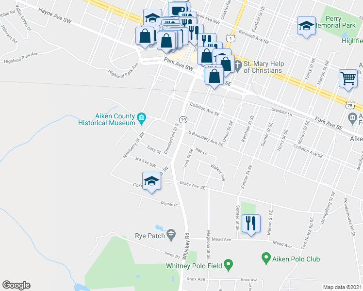 map of restaurants, bars, coffee shops, grocery stores, and more near 432 Whiskey Road in Aiken