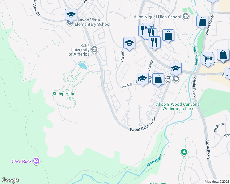 map of restaurants, bars, coffee shops, grocery stores, and more near 87 Cottage Lane in Aliso Viejo