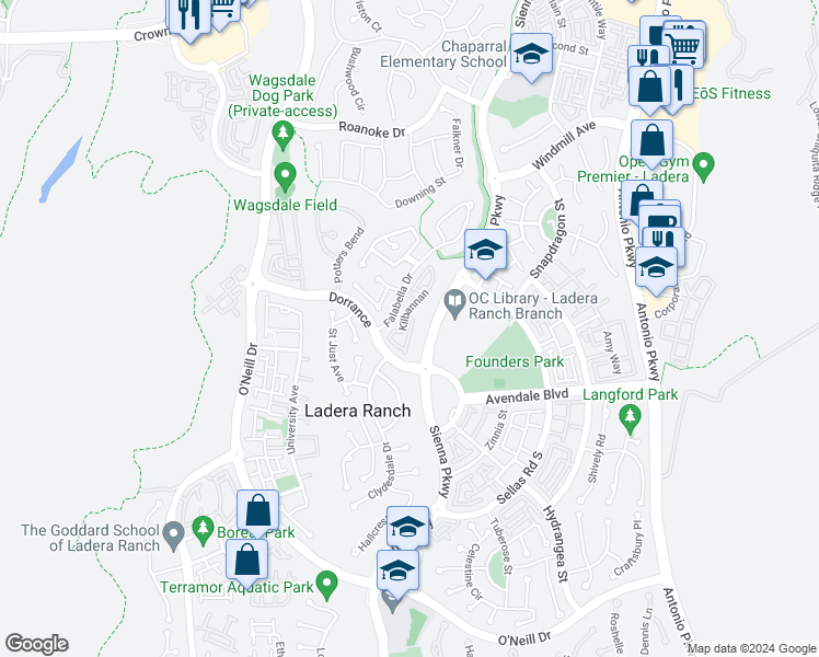 map of restaurants, bars, coffee shops, grocery stores, and more near 47 Glenalmond Lane in Ladera Ranch