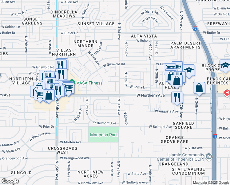 map of restaurants, bars, coffee shops, grocery stores, and more near 3111 West Loma Lane in Phoenix