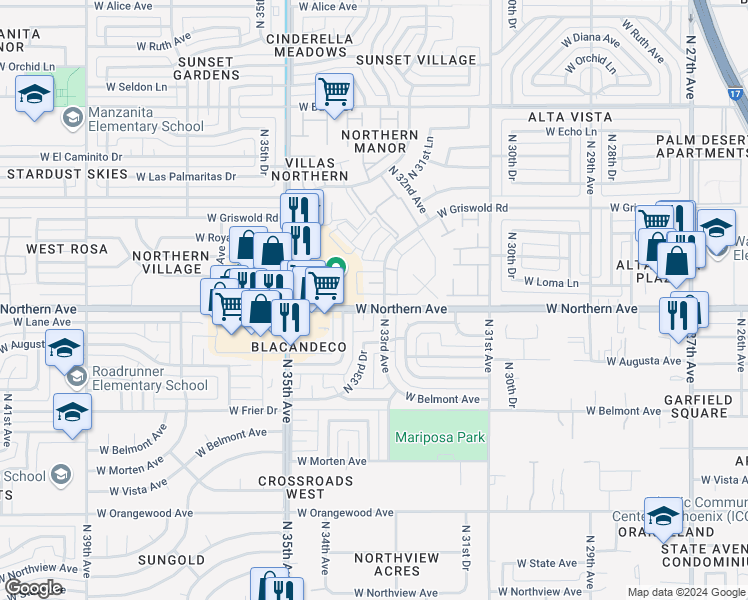 map of restaurants, bars, coffee shops, grocery stores, and more near 3320 West Northern Avenue in Phoenix