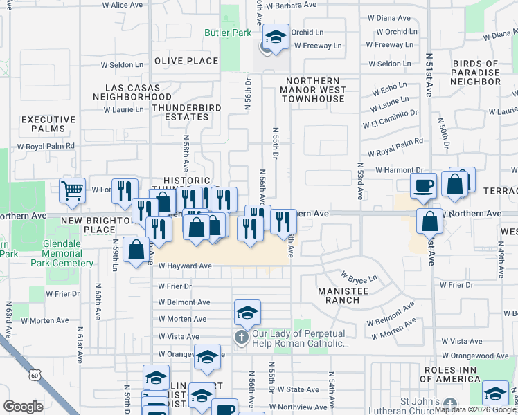map of restaurants, bars, coffee shops, grocery stores, and more near 5534 West Northern Avenue in Glendale