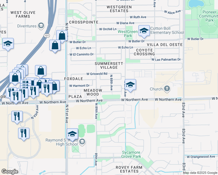 map of restaurants, bars, coffee shops, grocery stores, and more near 8831 West Manzanita Drive in Peoria