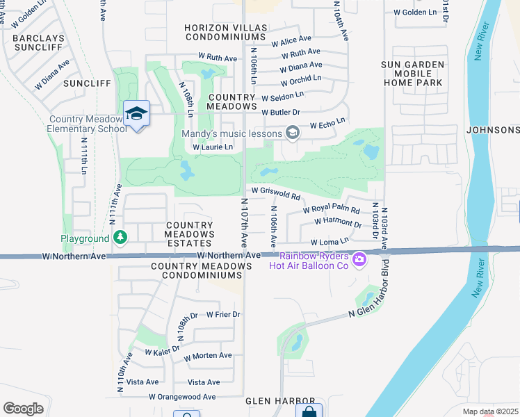 map of restaurants, bars, coffee shops, grocery stores, and more near 8156 North 106th Avenue in Peoria