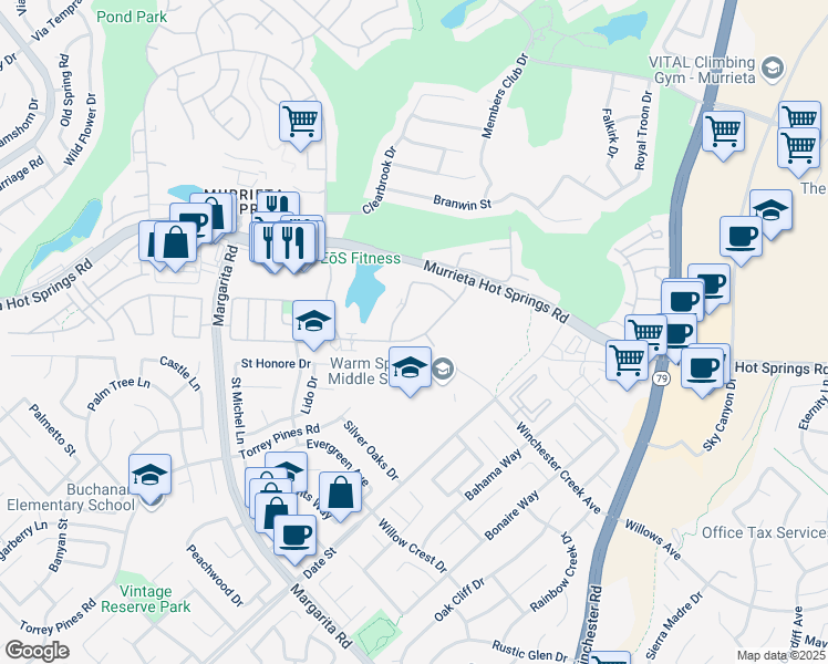 map of restaurants, bars, coffee shops, grocery stores, and more near 28878 Calle Del Lago in Murrieta