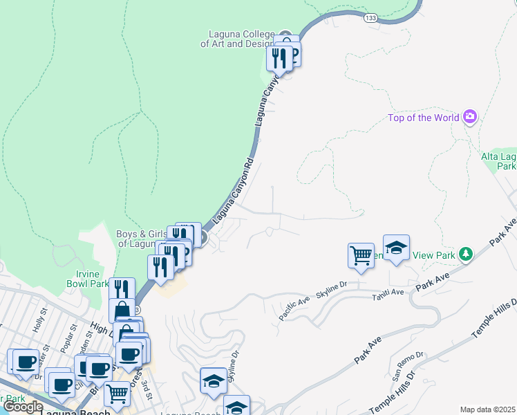 map of restaurants, bars, coffee shops, grocery stores, and more near 216 Canyon Acres Drive in Laguna Beach