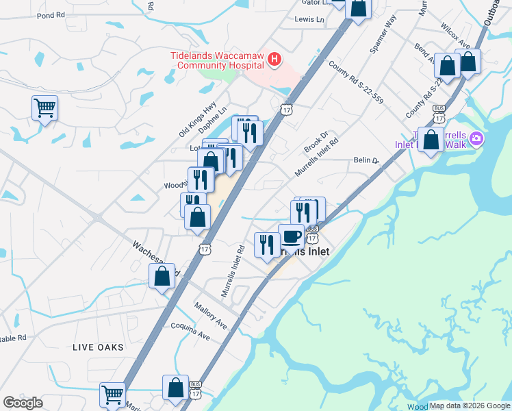 map of restaurants, bars, coffee shops, grocery stores, and more near 4414 County Road S-22-188 in Murrells Inlet