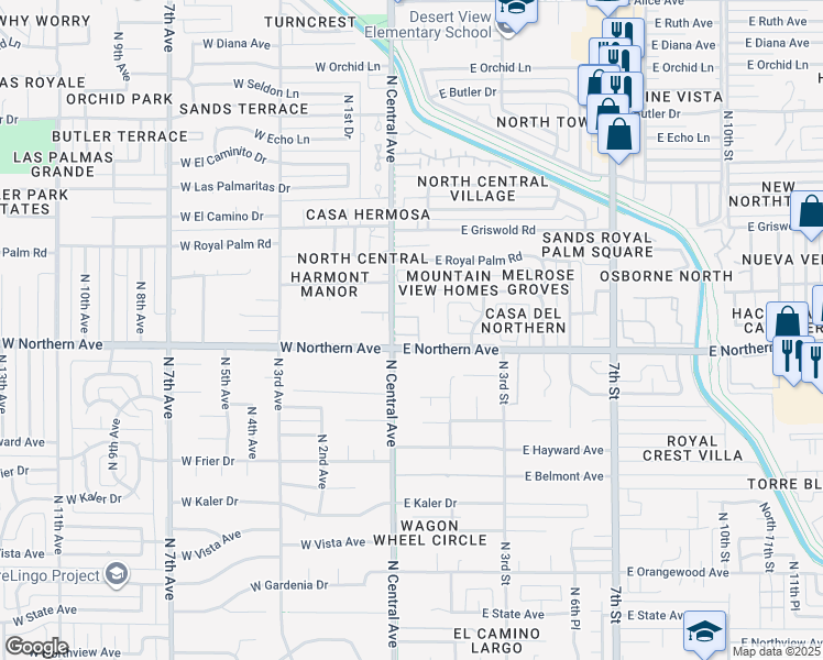 map of restaurants, bars, coffee shops, grocery stores, and more near 14 East Manzanita Drive in Phoenix