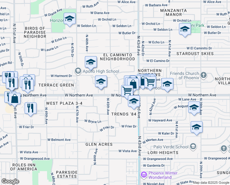 map of restaurants, bars, coffee shops, grocery stores, and more near 4511 West Loma Lane in Glendale