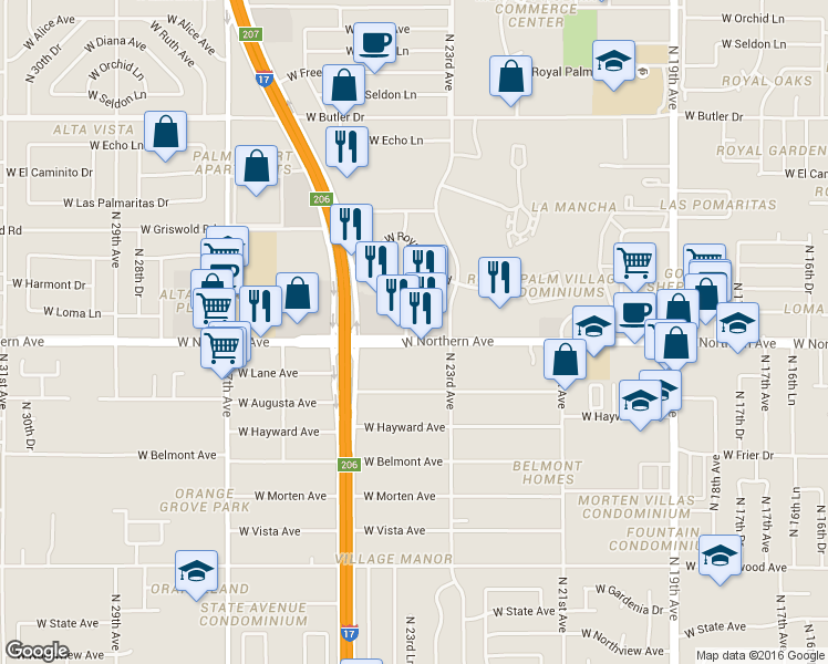 map of restaurants, bars, coffee shops, grocery stores, and more near 2360 West Northern Avenue in Phoenix