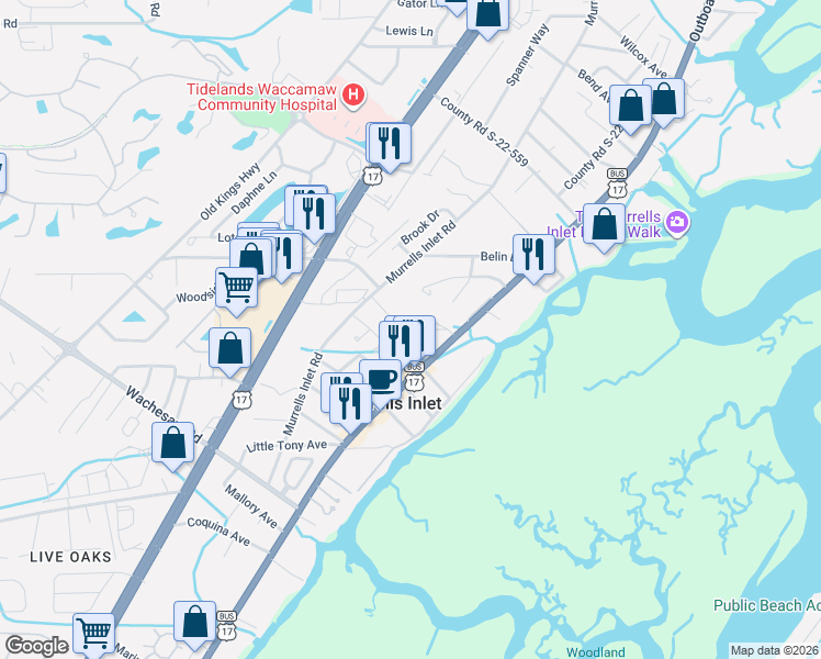 map of restaurants, bars, coffee shops, grocery stores, and more near 122 Oyster Bay Drive in Murrells Inlet